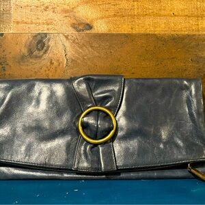 Navy Blue HOBO International Clutch Wallet Purse Bag. Brass Buckle